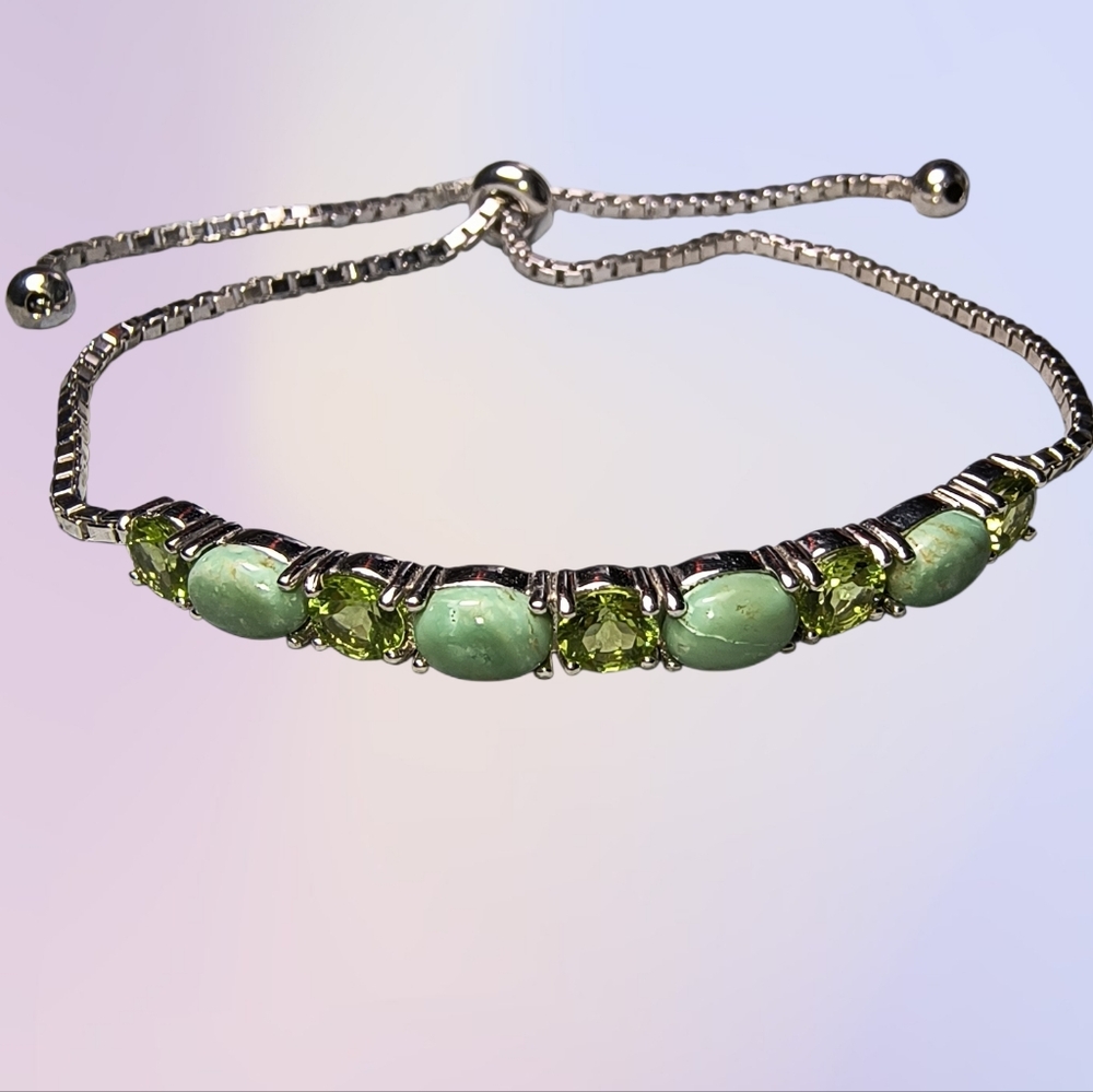 Green Evans turquoise, Peridot, & Sterling Silver Slider Bracelet Brand New